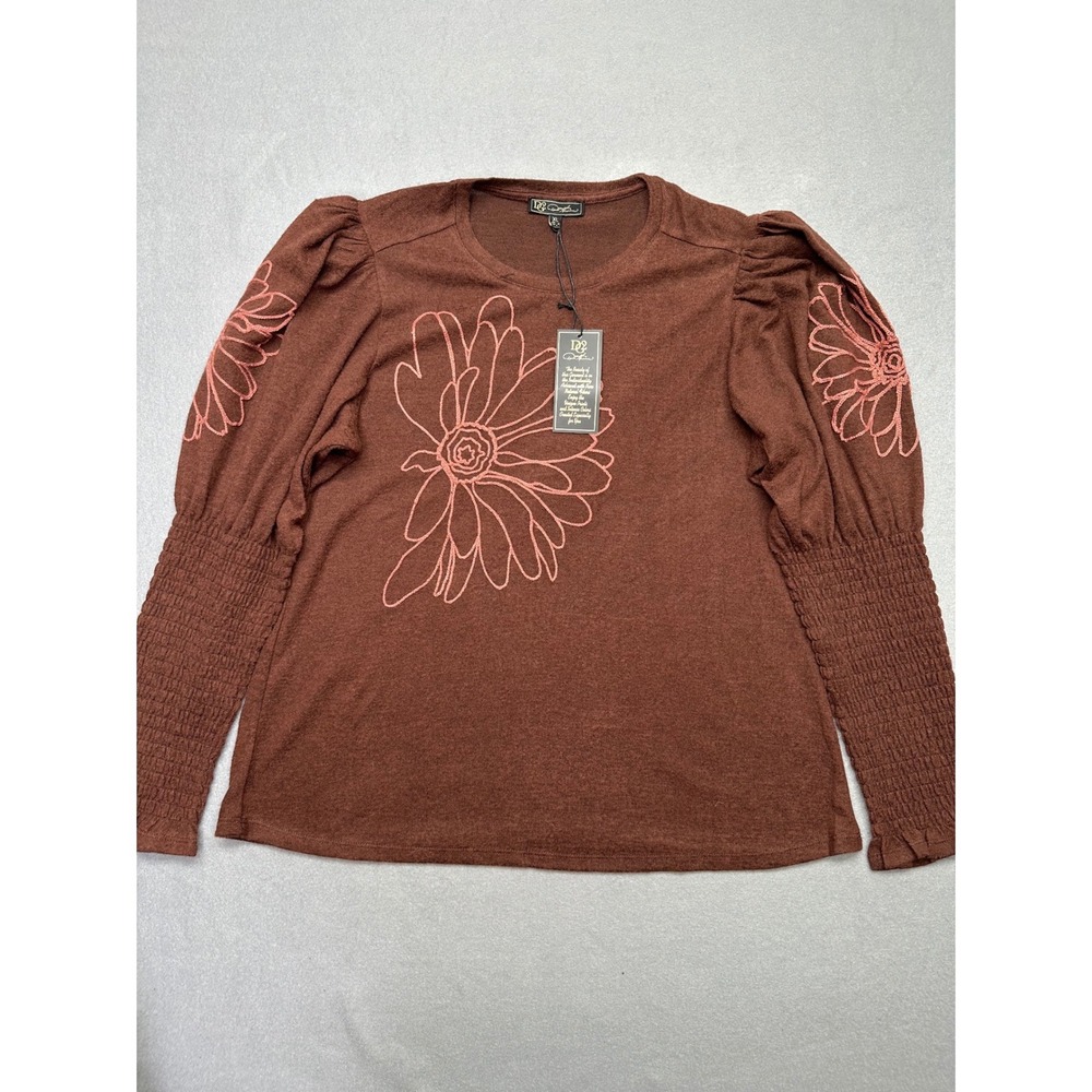 DG2 Diane‎ Gilman Bohemian Embroidered Smocked Sleeve Knit Top XL Floral NWT
